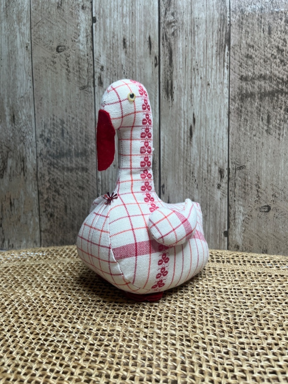 Vintage Red & White Plaid Goose Duck Fabric Plush Holiday Decor - Picture 5 of 6